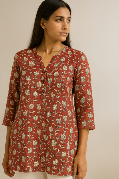 Women’s Red Floral Printed Short Kurti with V-Notch Neck & 3/4 Sleeves – Comfortable Everyday Wear - 26007