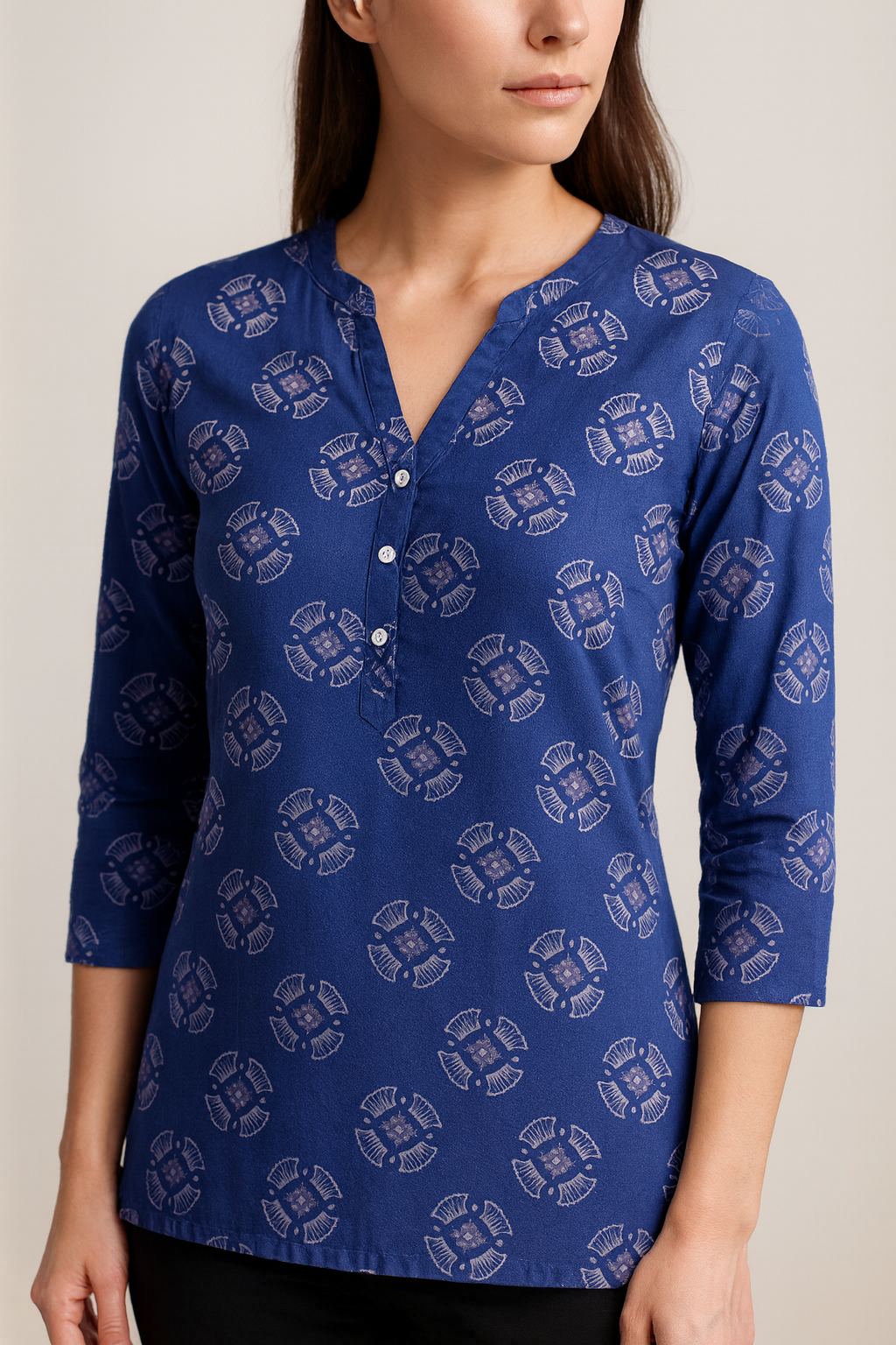 women’s indigo blue printed cotton kurti - 26008