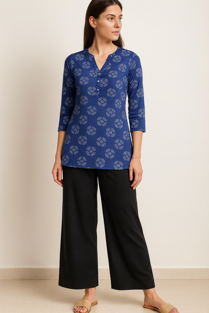 Women’s Indigo Blue Printed Cotton Kurti - 26008