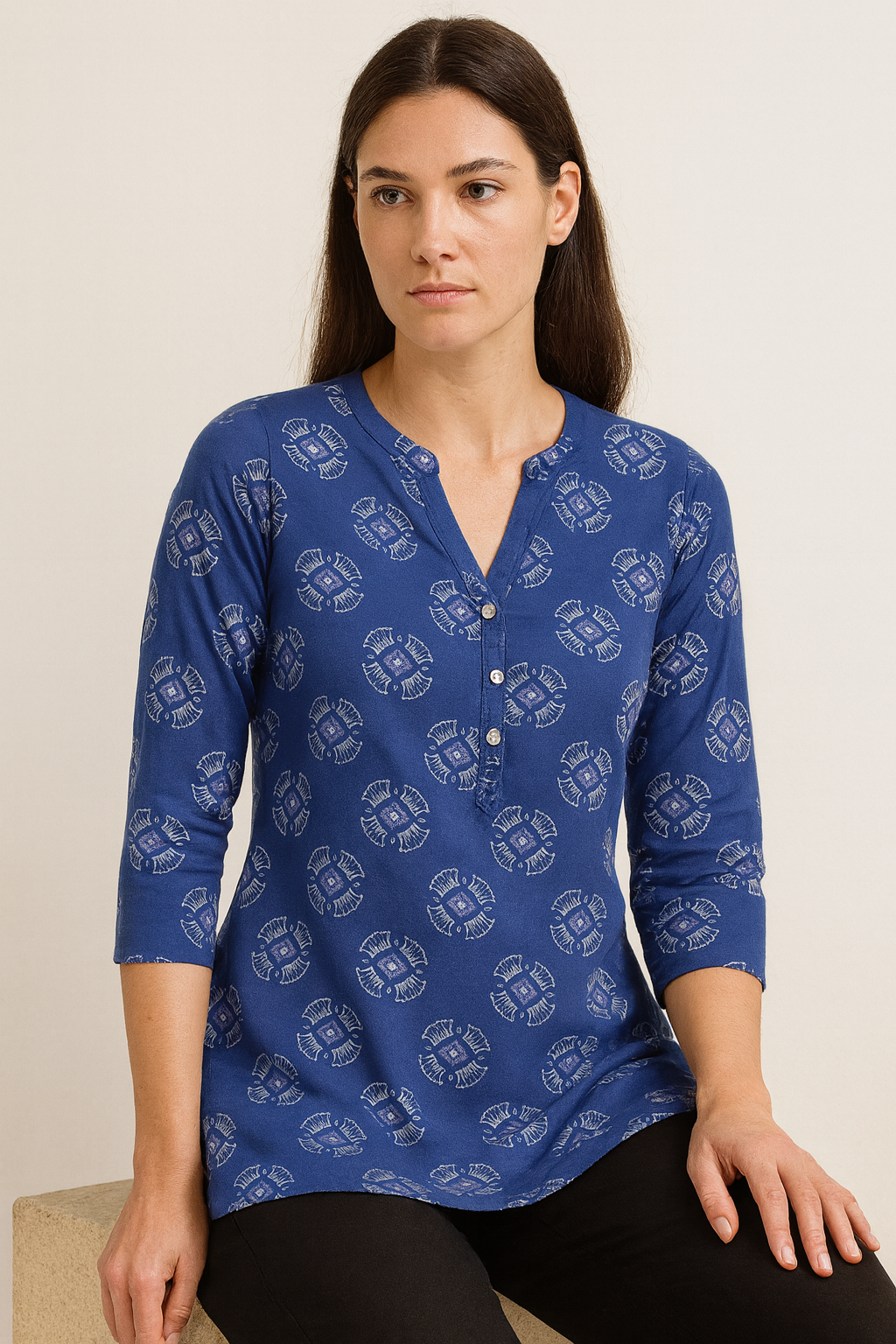 women’s indigo blue printed cotton kurti - 26008