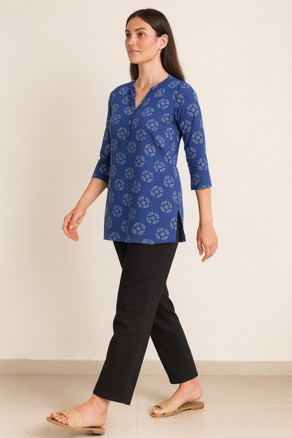 Women’s Indigo Blue Printed Cotton Kurti - 26008