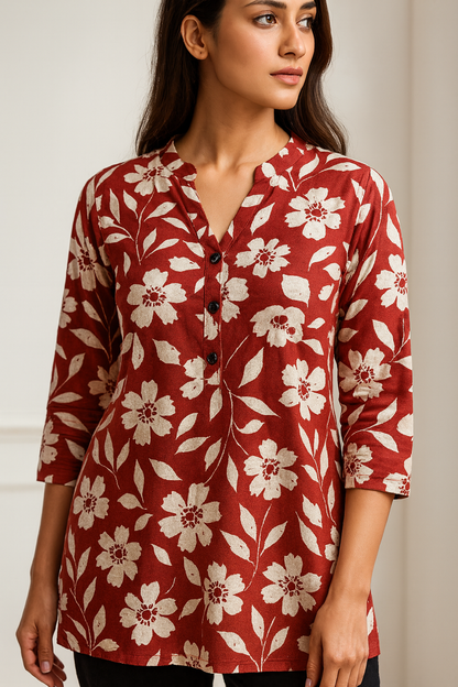 Women’s Red & Ivory Floral Printed Kurti - 26009