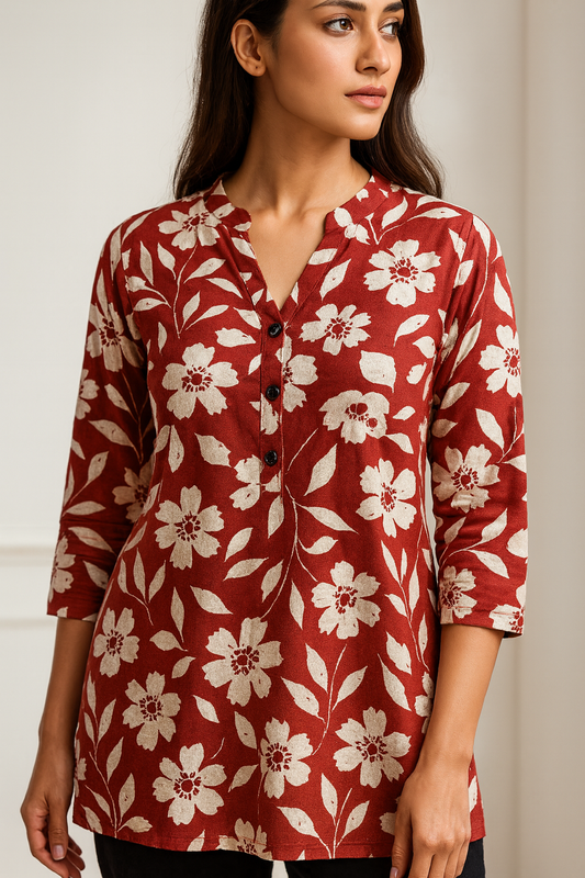 Women’s Red & Ivory Floral Printed Kurti - 26009