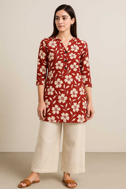 Women’s Red & Ivory Floral Printed Kurti - 26009