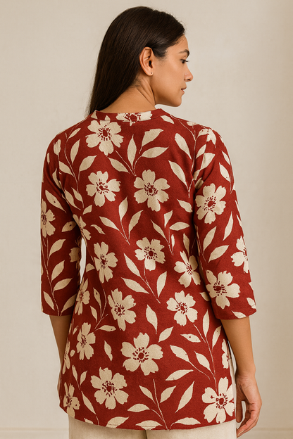 Women’s Red & Ivory Floral Printed Kurti - 26009