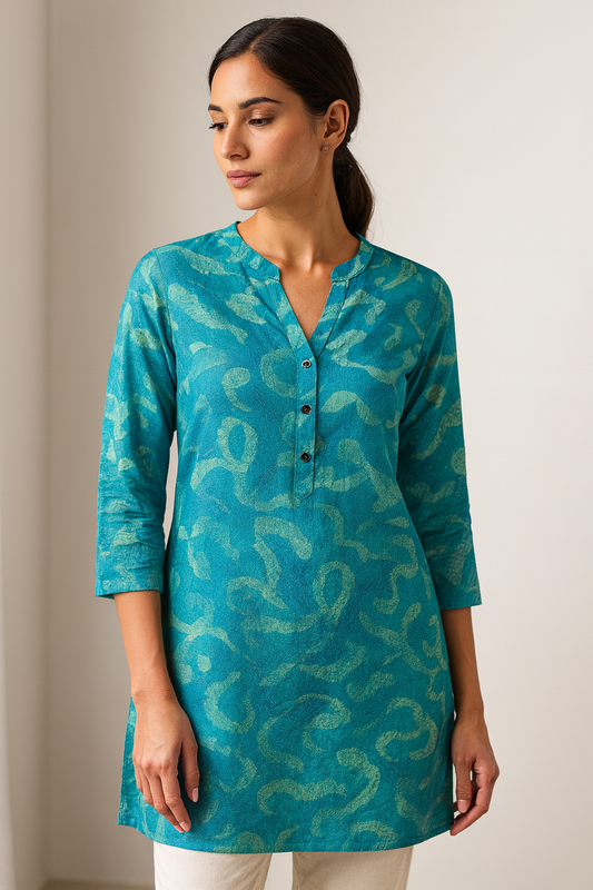 Aqua Blue Abstract Printed Kurti - 26180