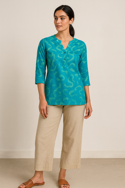 Aqua Blue Abstract Printed Kurti - 26180