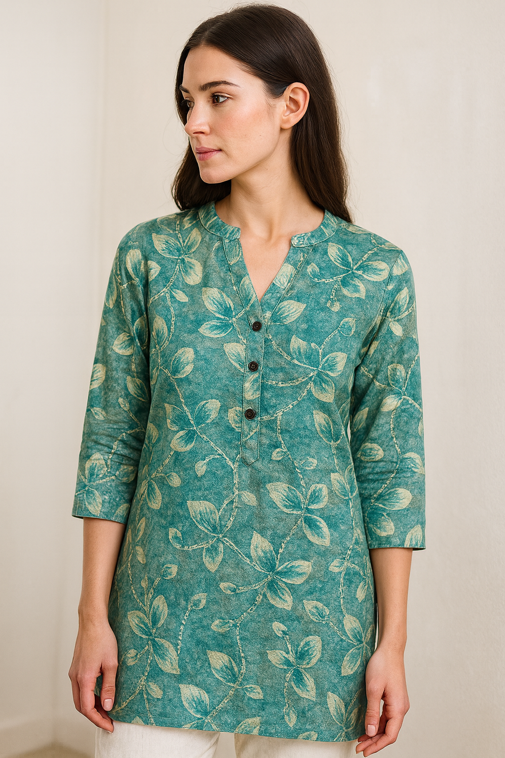 aqua green leaf-print hip-length kurti with v-notch neckline & 3/4 sleeves - 26186