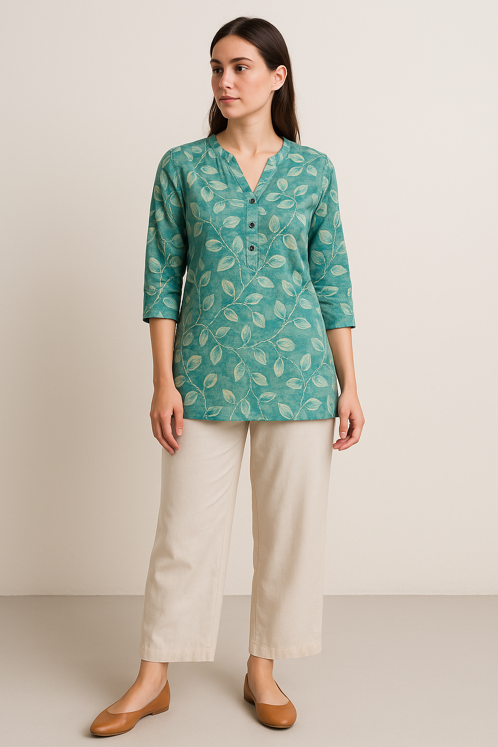 aqua green leaf-print hip-length kurti with v-notch neckline & 3/4 sleeves - 26186