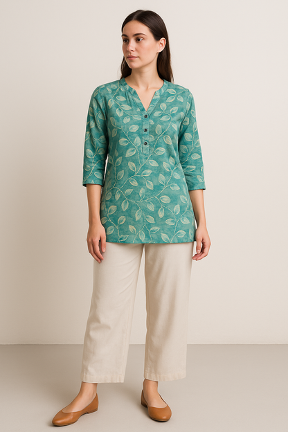 Aqua Green Leaf-Print Hip-Length Kurti with V-Notch Neckline & 3/4 Sleeves - 26186