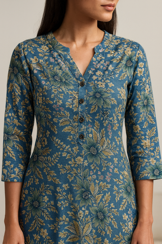 Women’s Blue Floral Printed Kurti Soft Cotton Blend - 26192