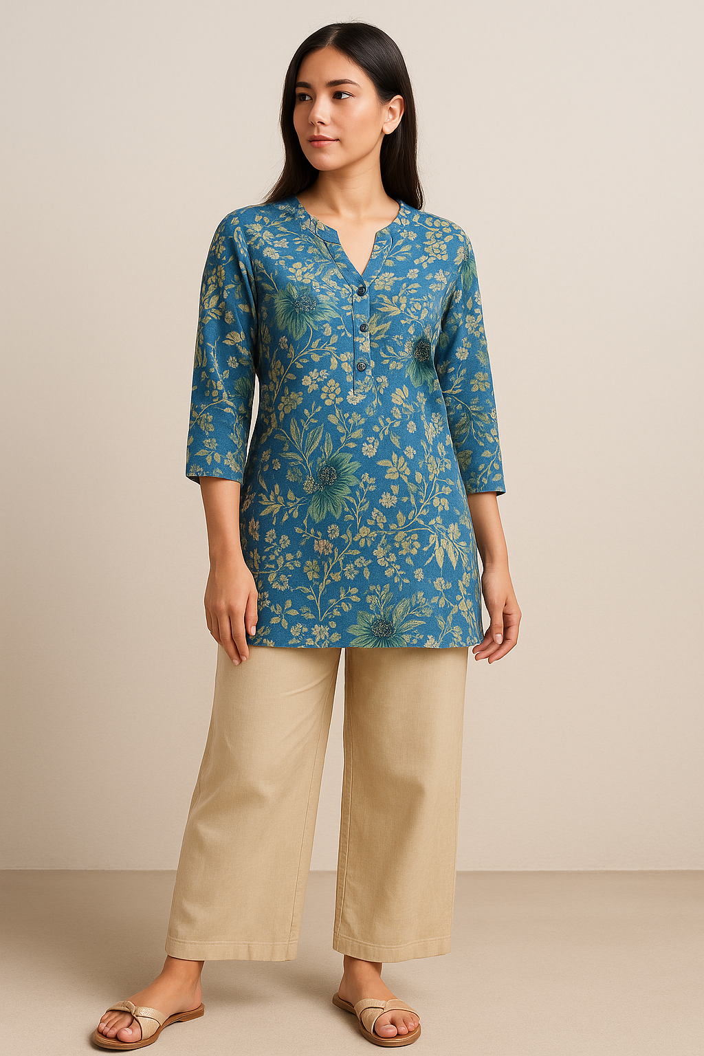 women’s blue floral printed kurti soft cotton blend - 26192