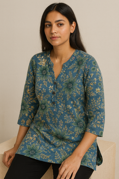 Women’s Blue Floral Printed Kurti Soft Cotton Blend - 26192