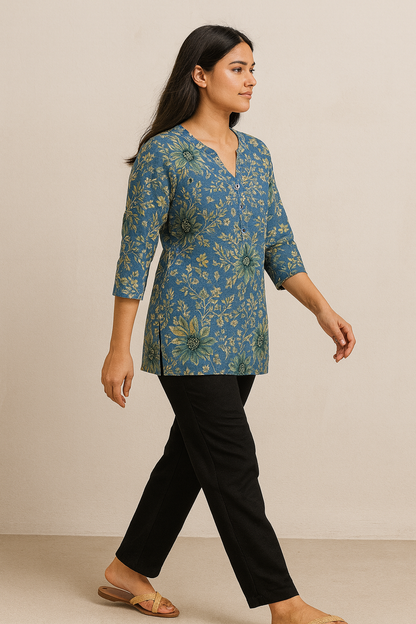 Women’s Blue Floral Printed Kurti Soft Cotton Blend - 26192