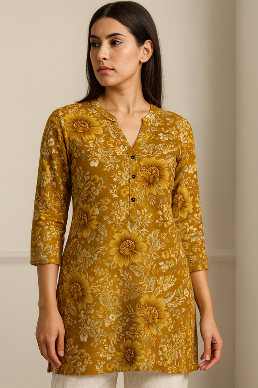 Mustard Floral Printed Hip-Length Kurti with V-Notch Neckline & 3/4 Sleeves – 26193