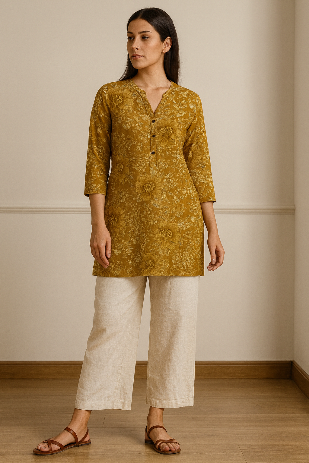mustard floral printed hip-length kurti with v-notch neckline & 3/4 sleeves – 26193