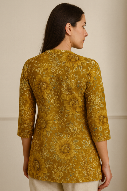 Mustard Floral Printed Hip-Length Kurti with V-Notch Neckline & 3/4 Sleeves – 26193