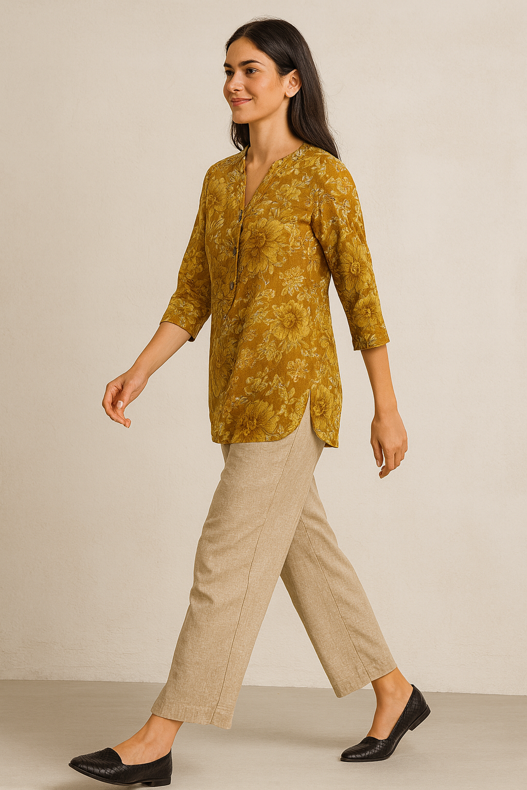 mustard floral printed hip-length kurti with v-notch neckline & 3/4 sleeves – 26193