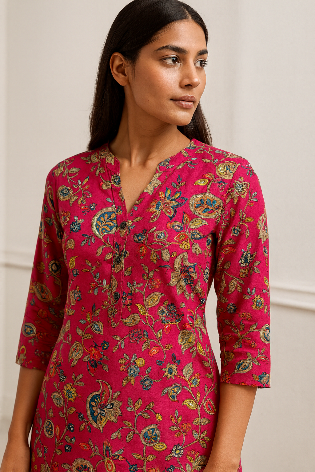 vibrant pink floral printed 3/4 sleeve hip-length kurti with v-notch neckline - 26194