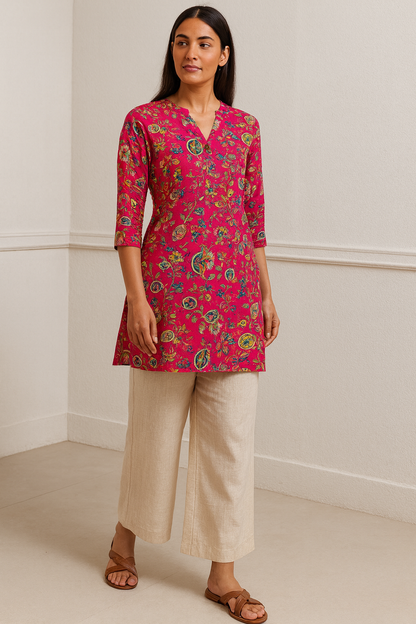 Vibrant Pink Floral Printed 3/4 Sleeve Hip-Length Kurti with V-Notch Neckline - 26194