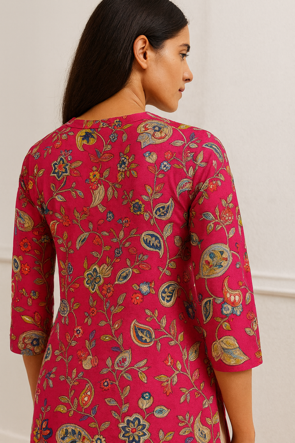 vibrant pink floral printed 3/4 sleeve hip-length kurti with v-notch neckline - 26194