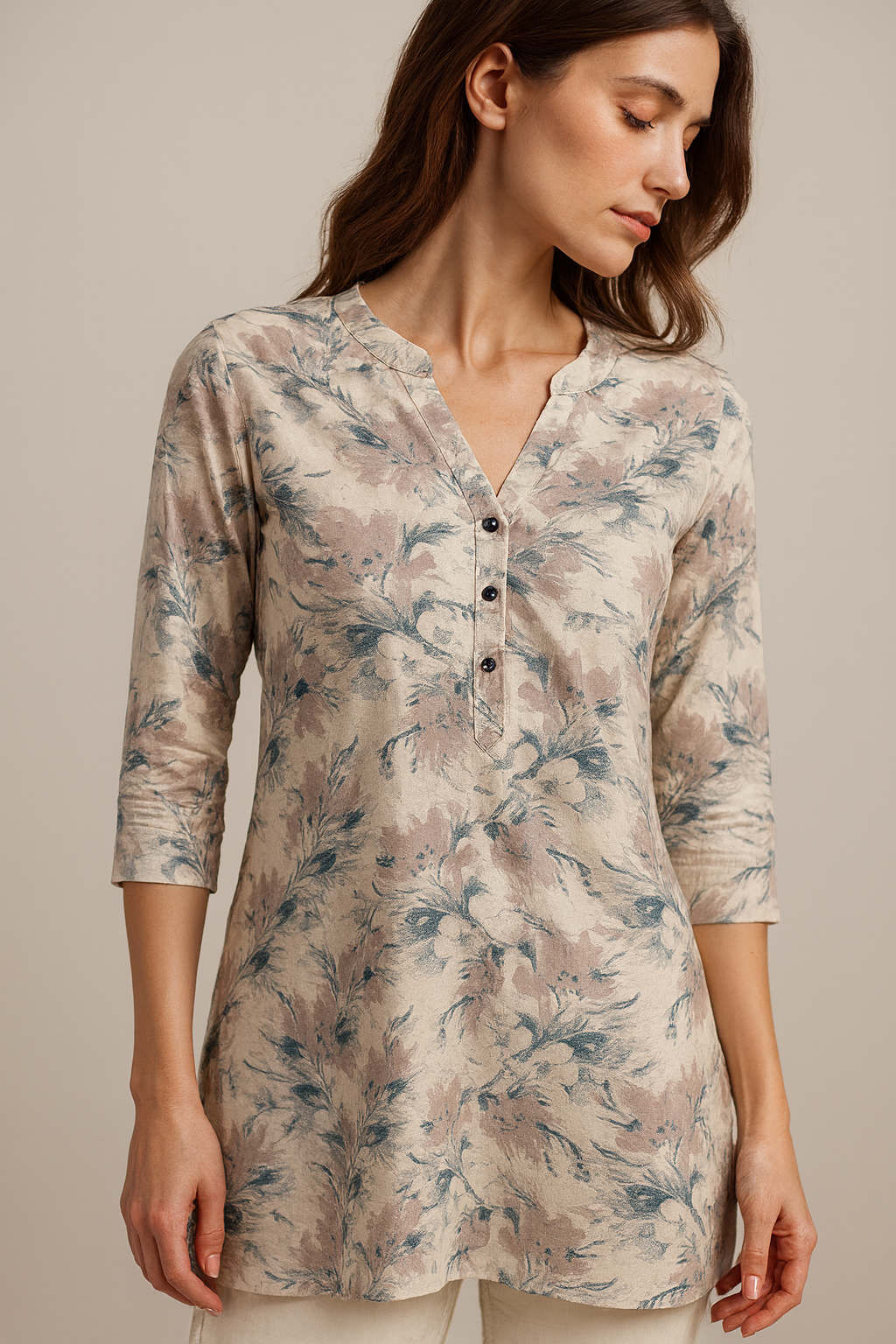 women’s soft floral printed v-notch neck hip-length kurti – 3/4 sleeves, button placket - 26201