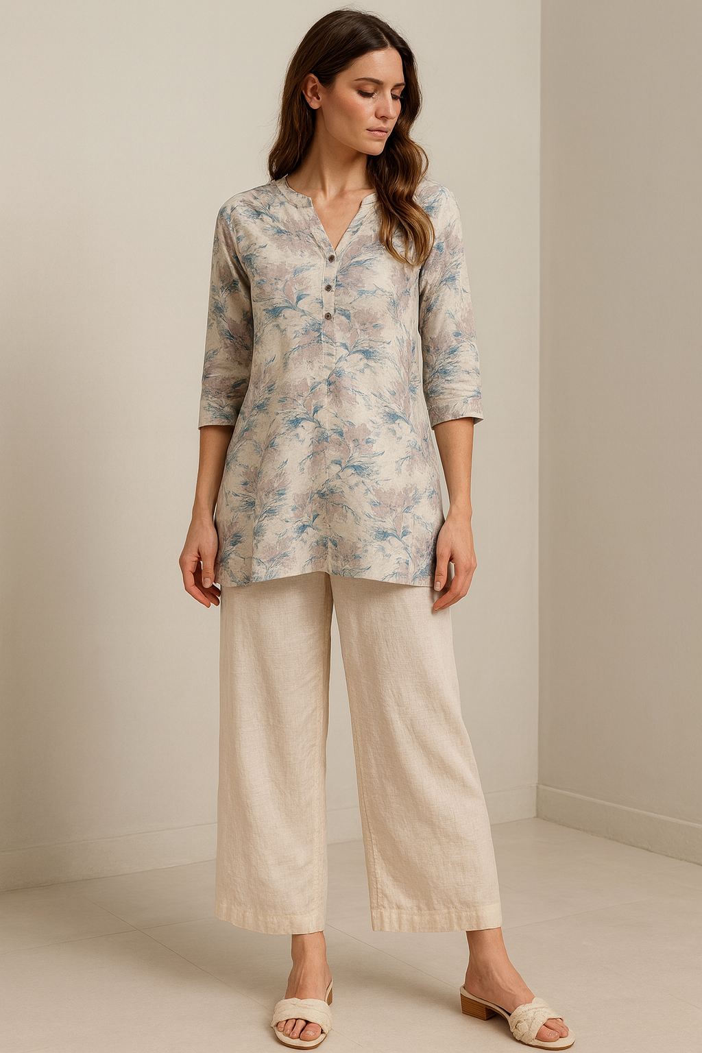 women’s soft floral printed v-notch neck hip-length kurti – 3/4 sleeves, button placket - 26201