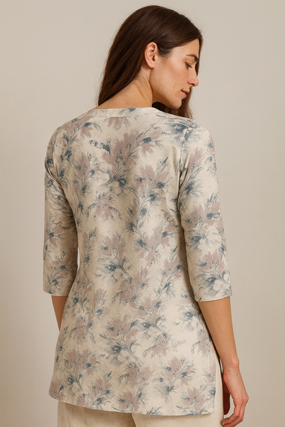 Women’s Soft Floral Printed V-Notch Neck Hip-Length Kurti – 3/4 Sleeves, Button Placket - 26201