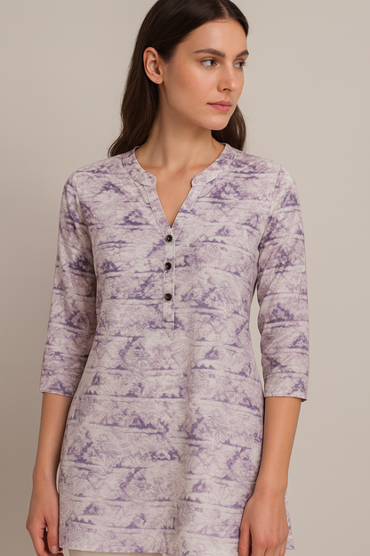 Women’s Printed kurti with V-Notch Neckline & 3/4 Sleeves – Soft Pastel Purple Pattern - 26208