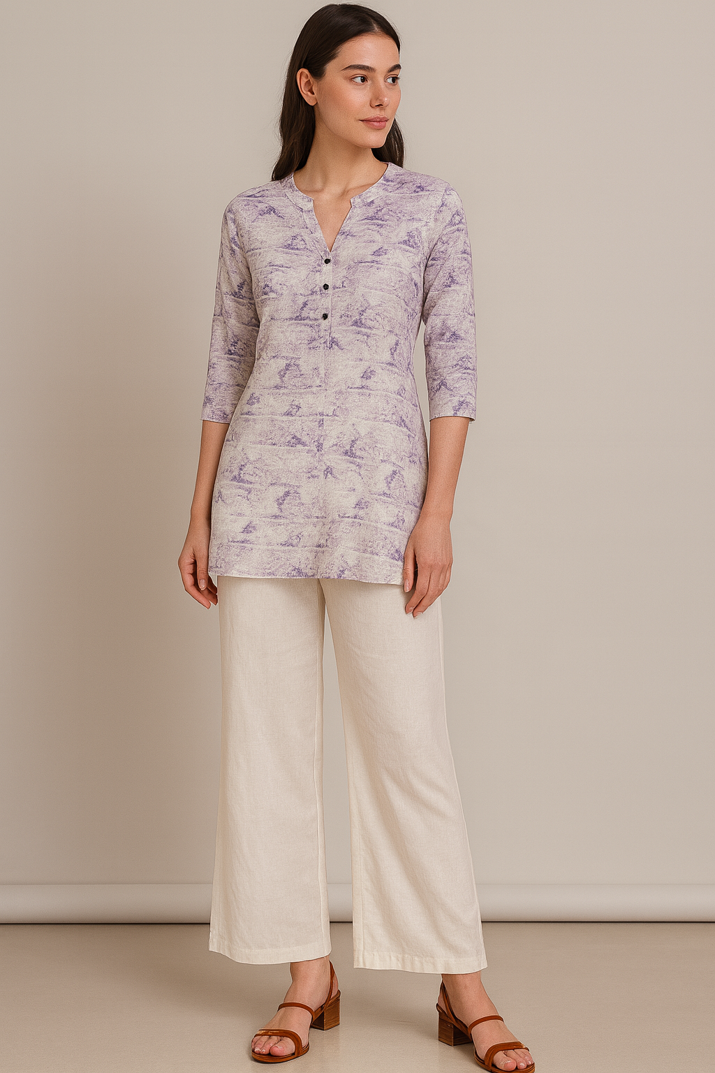 women’s printed kurti with v-notch neckline & 3/4 sleeves – soft pastel purple pattern - 26208