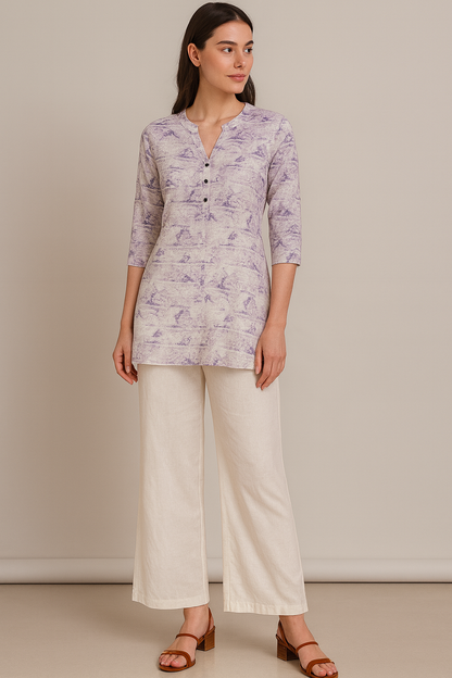 Women’s Printed kurti with V-Notch Neckline & 3/4 Sleeves – Soft Pastel Purple Pattern - 26208