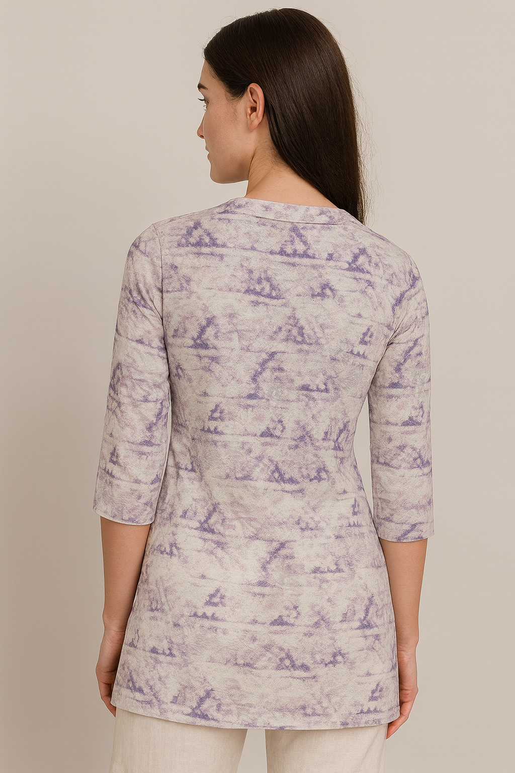 women’s printed kurti with v-notch neckline & 3/4 sleeves – soft pastel purple pattern - 26208