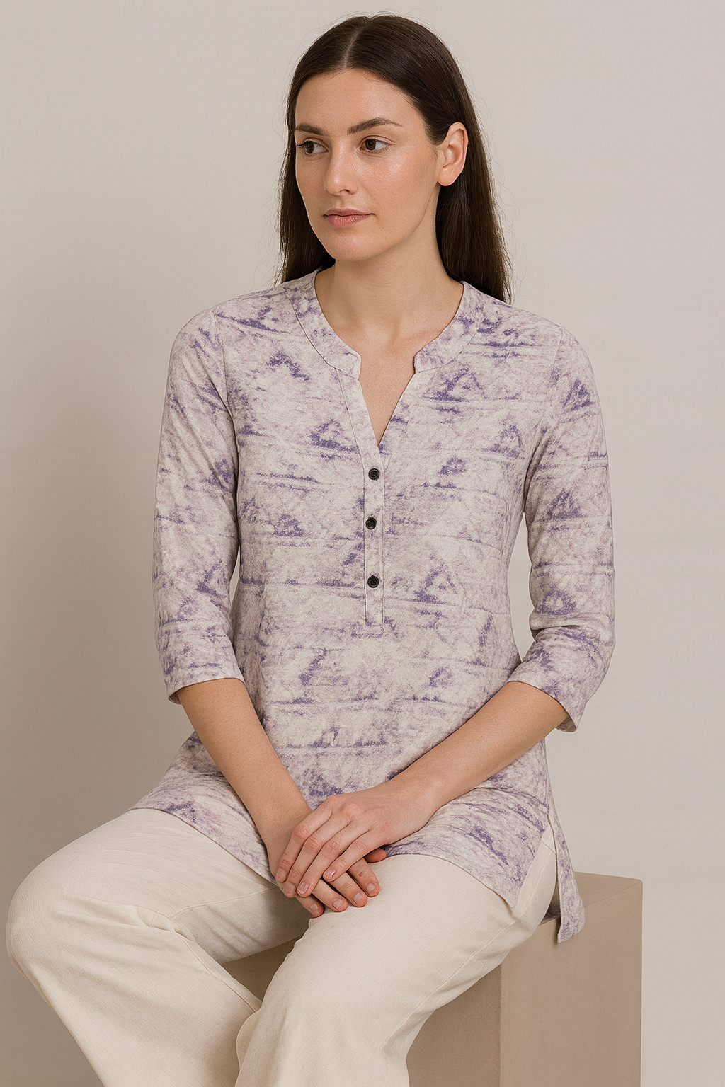 women’s printed kurti with v-notch neckline & 3/4 sleeves – soft pastel purple pattern - 26208