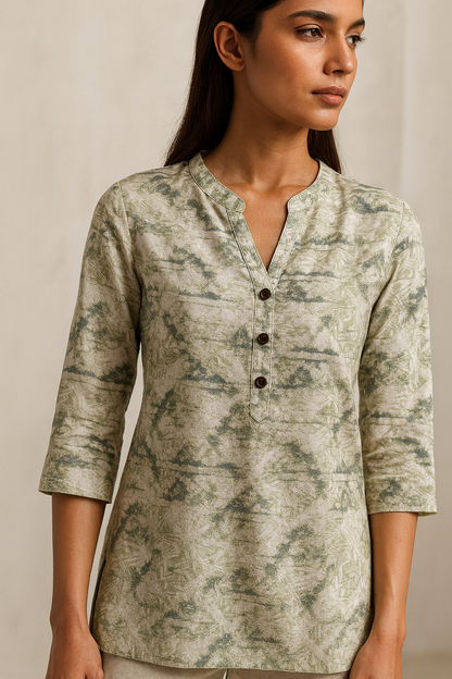 Women’s Soft V-Notch Neck Printed Hip-Length Kurti with 3/4 Sleeves – Green & White Abstract Pattern - 26209