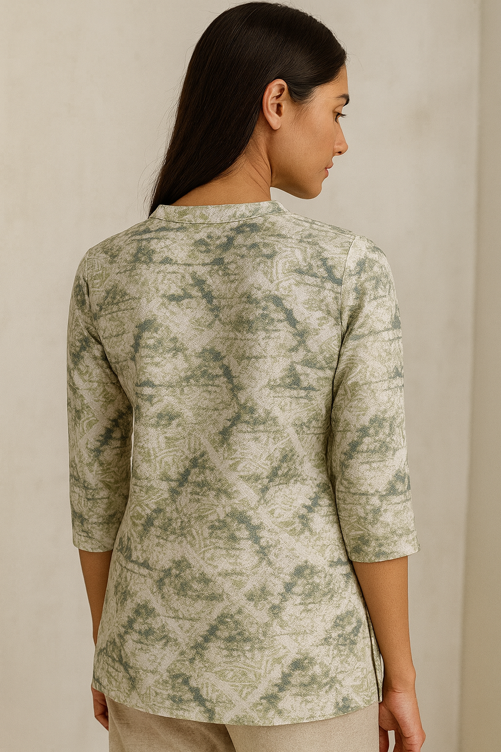 women’s soft v-notch neck printed hip-length kurti with 3/4 sleeves – green & white abstract pattern - 26209