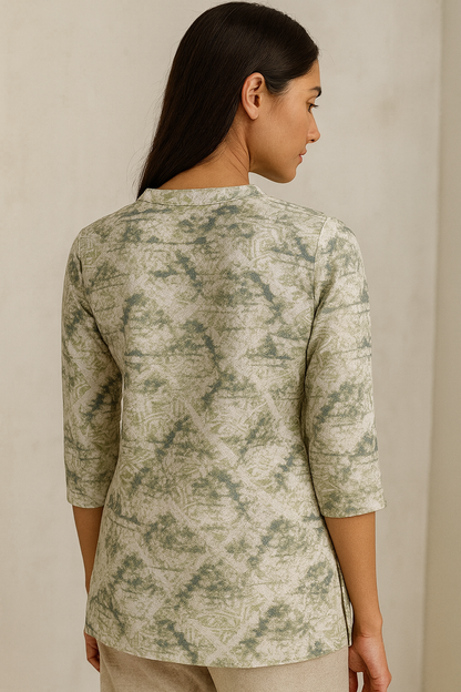 Women’s Soft V-Notch Neck Printed Hip-Length Kurti with 3/4 Sleeves – Green & White Abstract Pattern - 26209