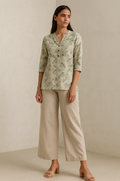 Women’s Soft V-Notch Neck Printed Hip-Length Kurti with 3/4 Sleeves – Green & White Abstract Pattern - 26209