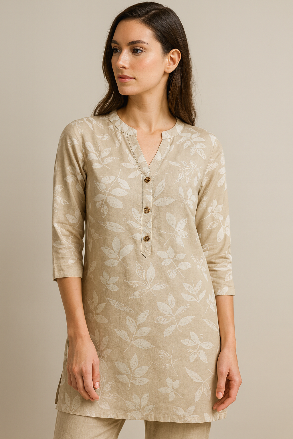 beige leaf-print casual cotton kurti with v-notch neck & 3/4 sleeves - 26211