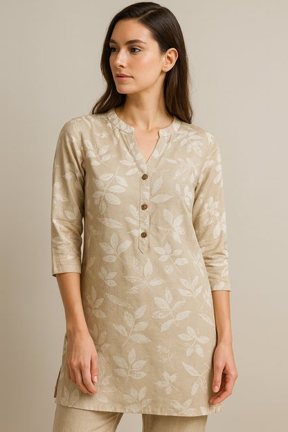 Beige Leaf-Print Casual Cotton Kurti with V-Notch Neck & 3/4 Sleeves - 26211