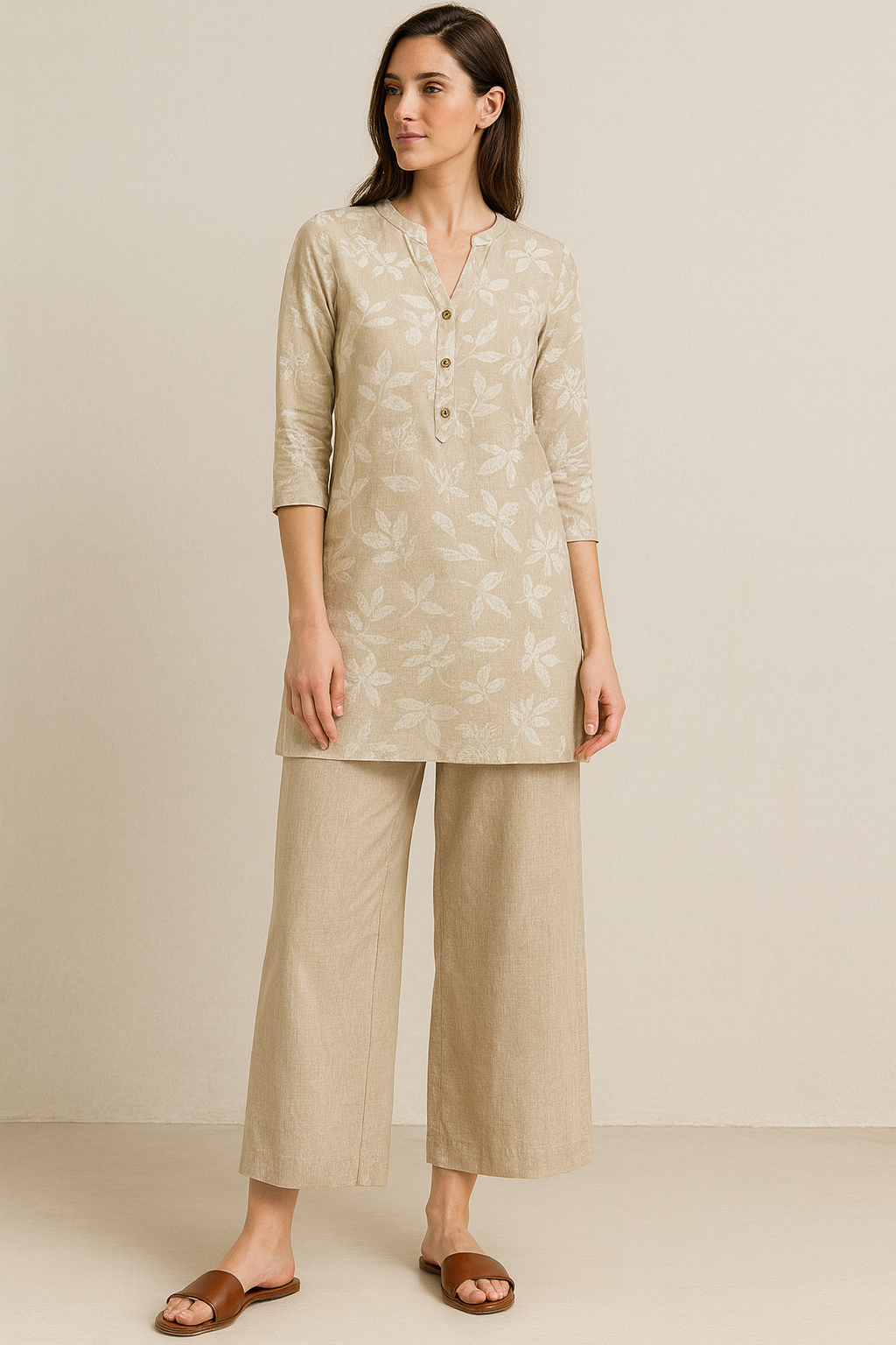 beige leaf-print casual cotton kurti with v-notch neck & 3/4 sleeves - 26211