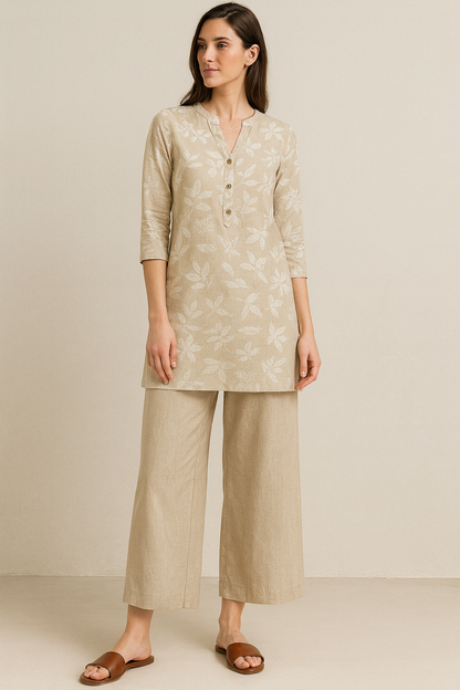 Beige Leaf-Print Casual Cotton Kurti with V-Notch Neck & 3/4 Sleeves - 26211