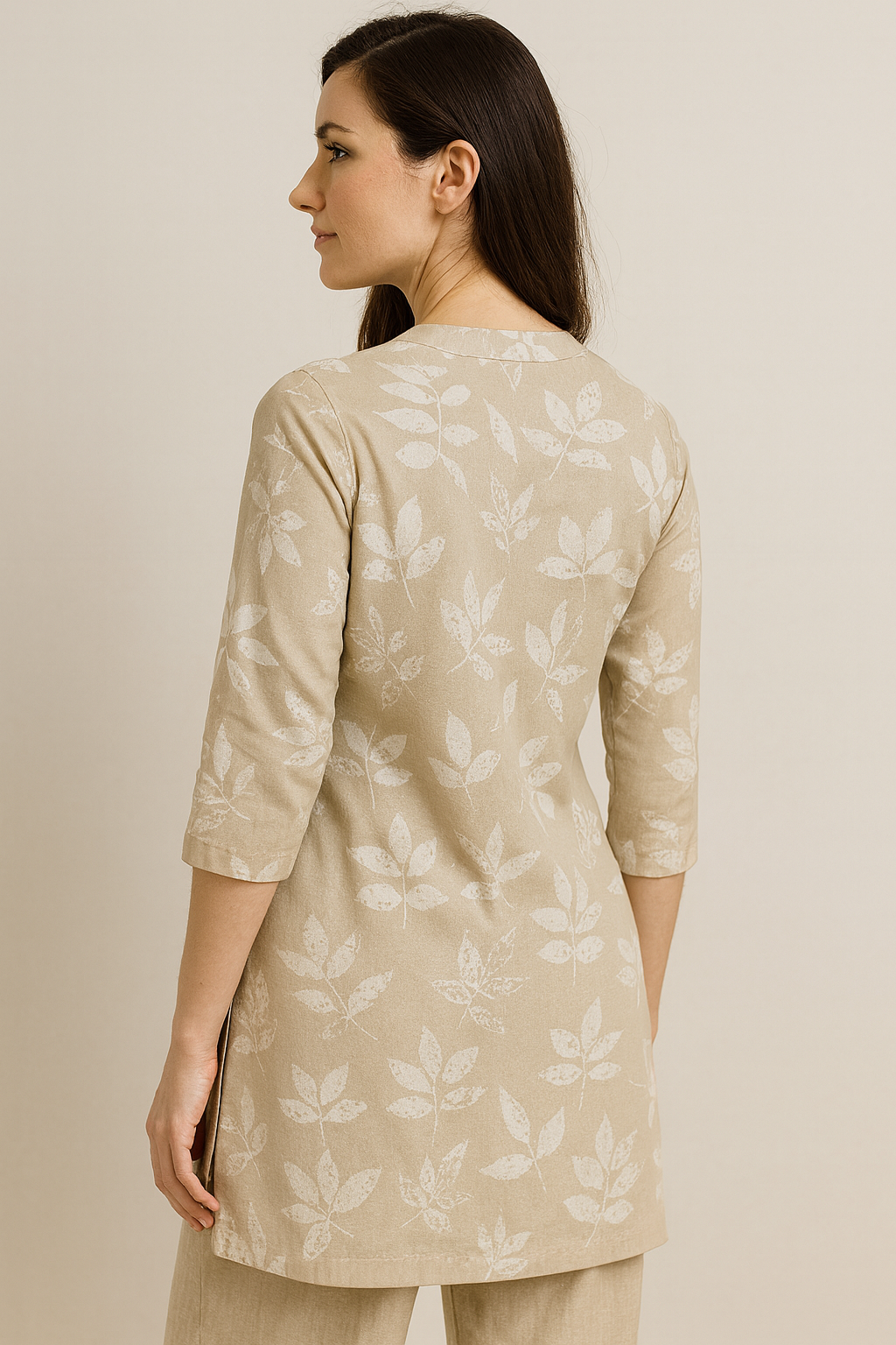 beige leaf-print casual cotton kurti with v-notch neck & 3/4 sleeves - 26211