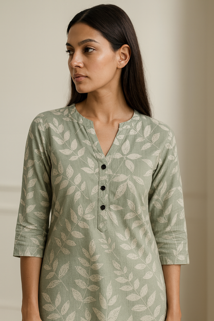 Sage Green Leaf-Print Soft V-Notch Neck Kurti with 3/4 Sleeves - 26212