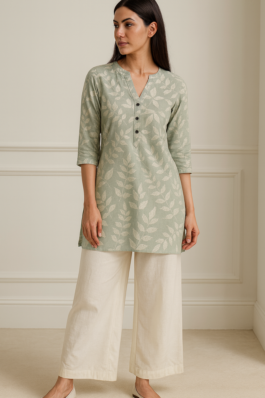 sage green leaf-print soft v-notch neck kurti with 3/4 sleeves - 26212