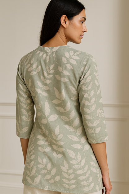 Sage Green Leaf-Print Soft V-Notch Neck Kurti with 3/4 Sleeves - 26212