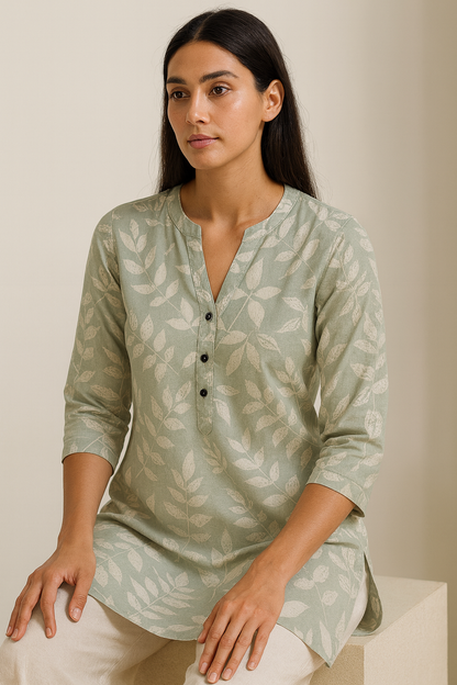 Sage Green Leaf-Print Soft V-Notch Neck Kurti with 3/4 Sleeves - 26212