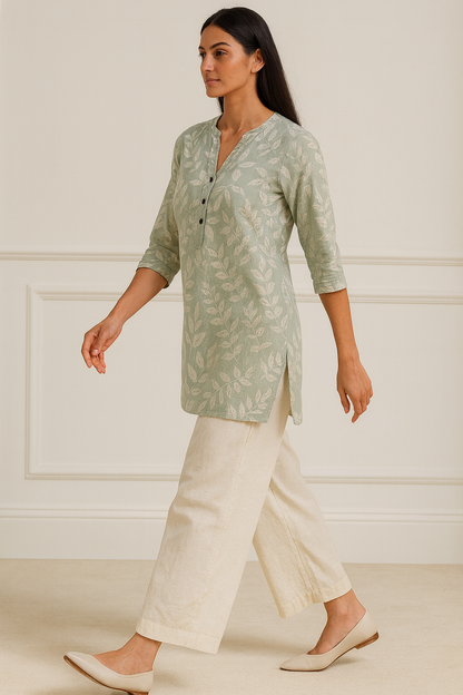 Sage Green Leaf-Print Soft V-Notch Neck Kurti with 3/4 Sleeves - 26212