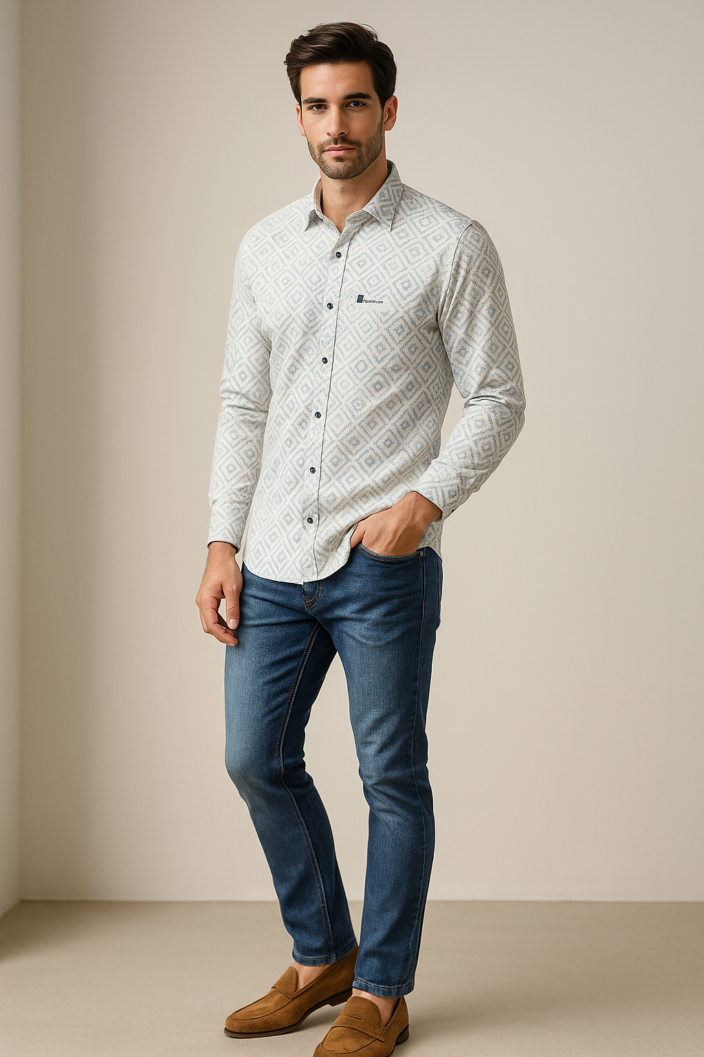 men’s premium cotton printed casual shirt – soft white with light blue geometric pattern - 26240