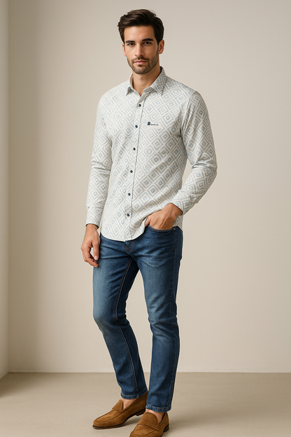 Men’s Premium Cotton Printed Casual Shirt – Soft White with Light Blue Geometric Pattern - 26240
