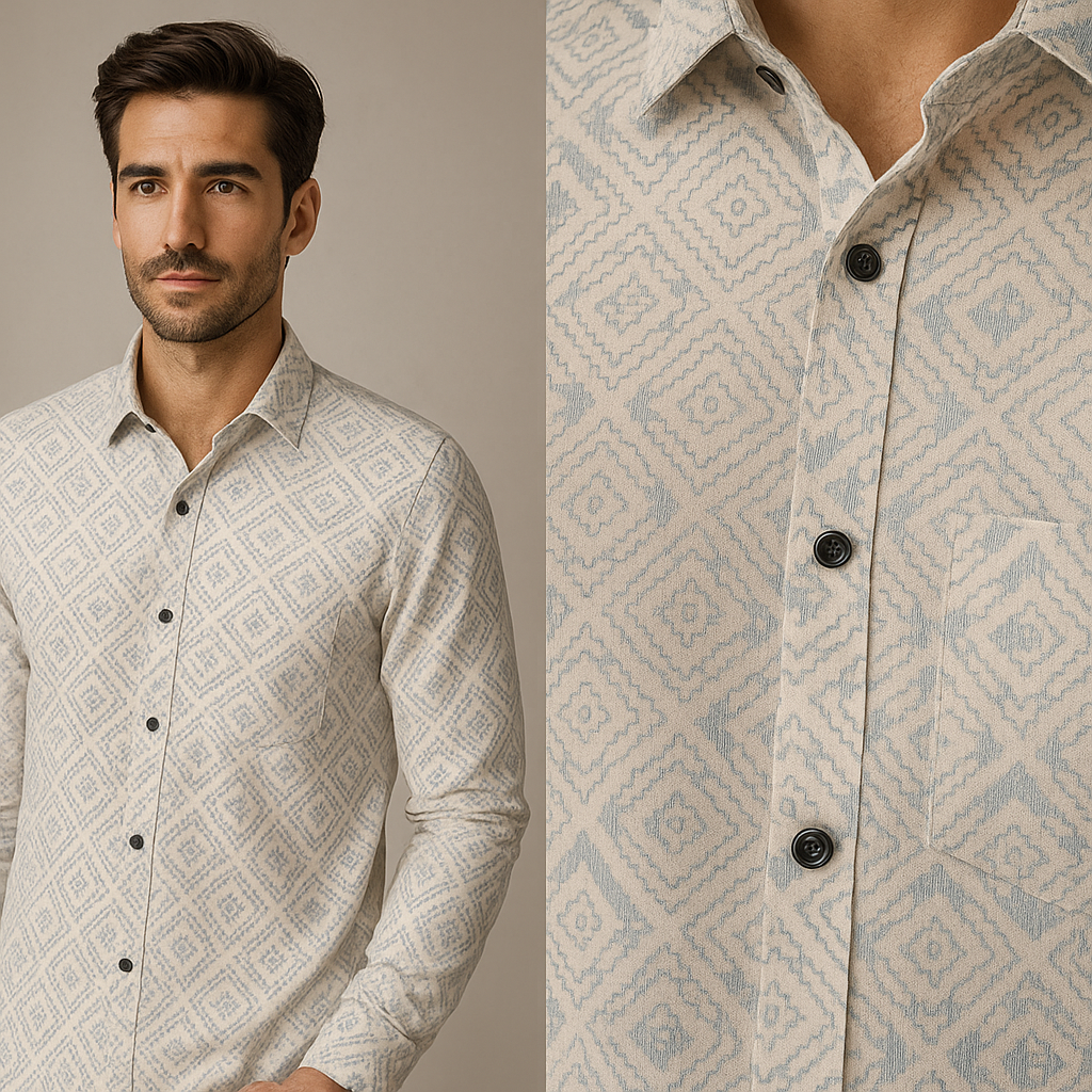 men’s premium cotton printed casual shirt – soft white with light blue geometric pattern - 26240